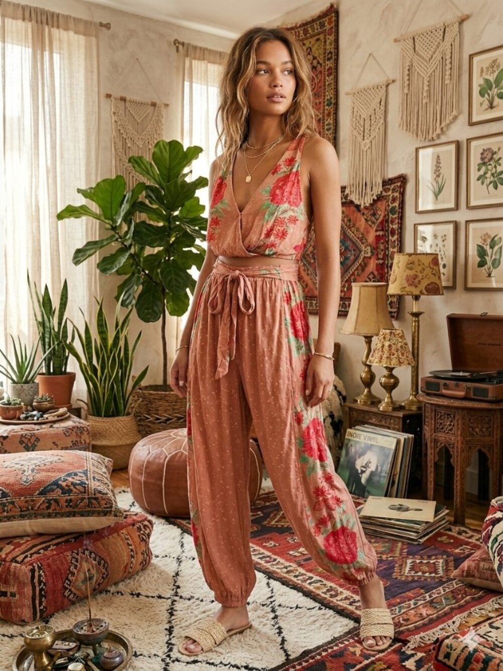 Free People Emmi Floral Bodysuit & Paints Matching 2- Piece Set Size Small